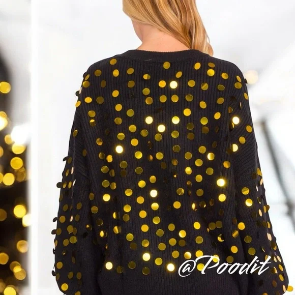 PEACH LOVE CALIFORNIA Black shaker knit gold accent sweater S M L - Picture 5 of 9